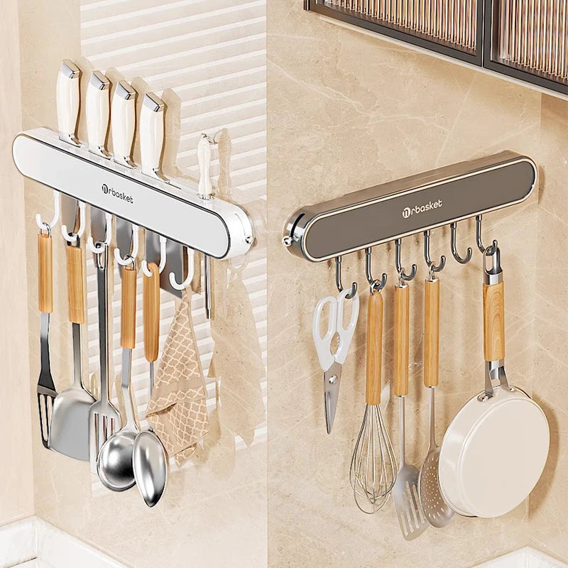 porte couteaux mural adhésif gris métallique couteaux cuillère fourchette serviette racleur éponge brosse dents