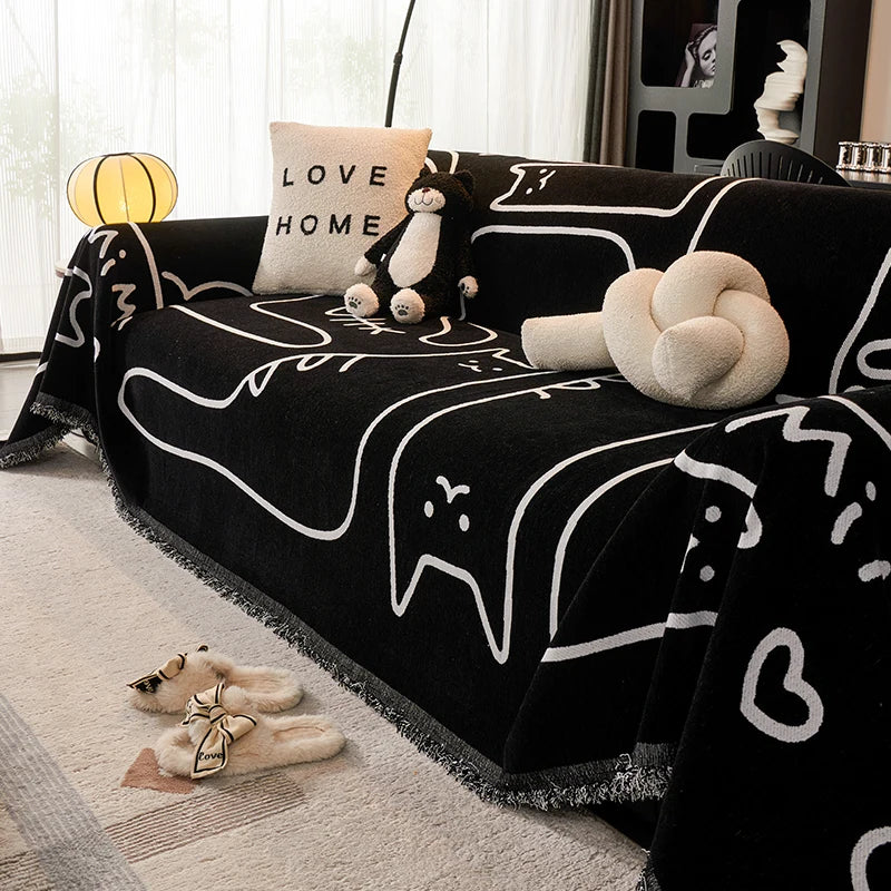 housses canapé chenille dessins animaux beige noir moderne lavable printemps été