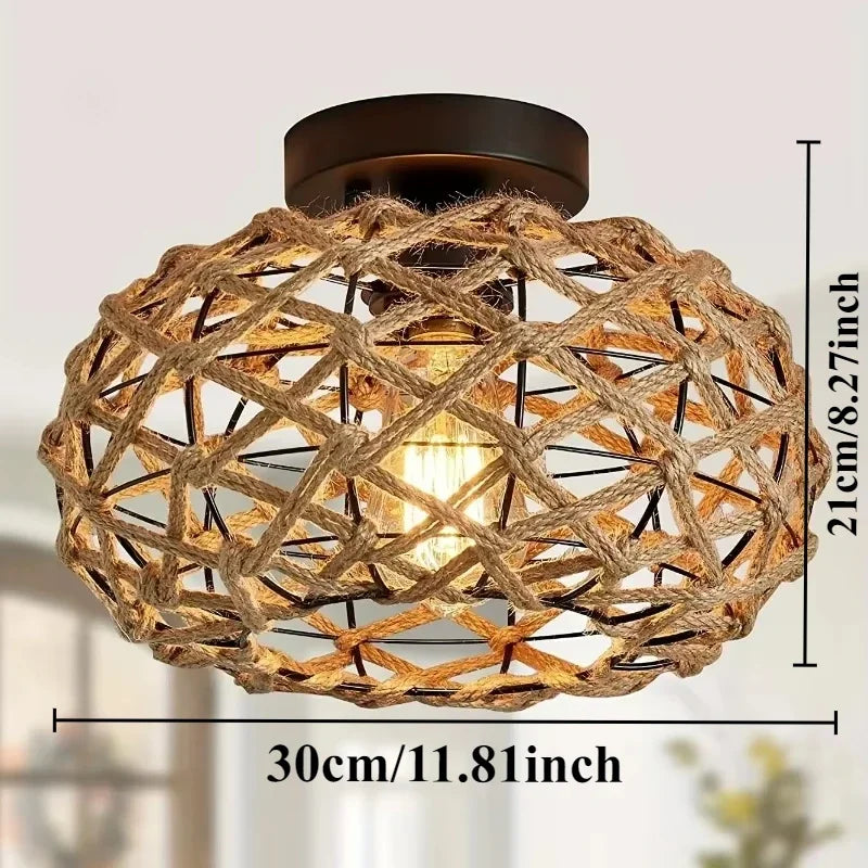 lampe suspendue moderne rustique tissée bambou naturel cadre métallique noir cuisine chambre coucher salle