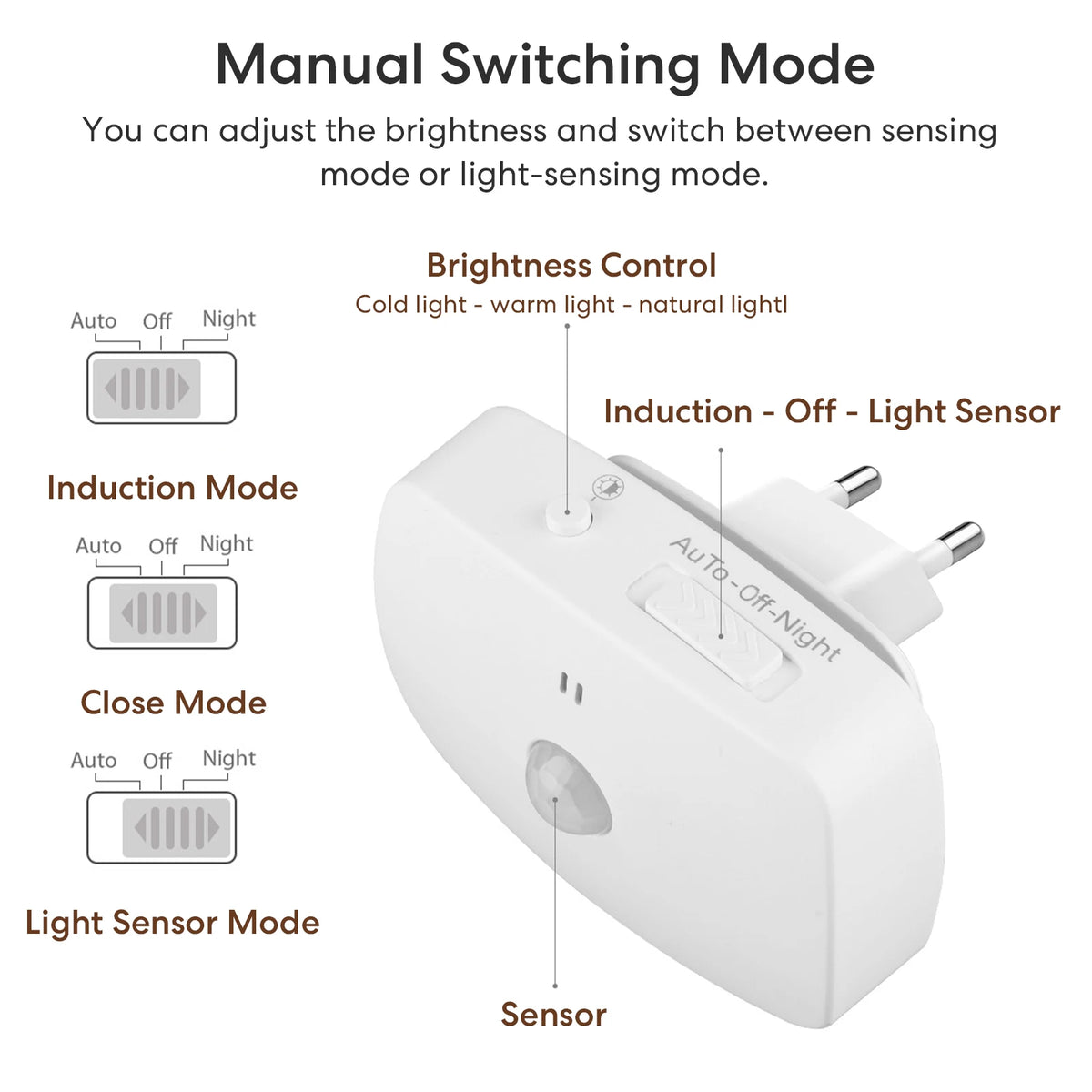 lampe nuit led blanc moderne capteur mouvement adhésif interrupteur manuel auto off night cold