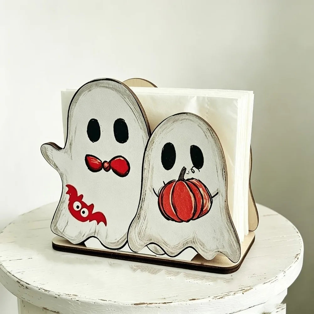 support serviettes halloween fantômes citrouille chauve souris décoration festive blanc orange rouille