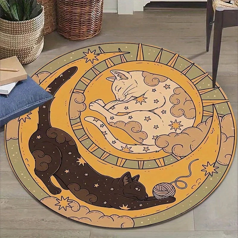 tapis rond yin yang chats motifs floraux blanc noir polyester résistant intérieur extérieur lavable