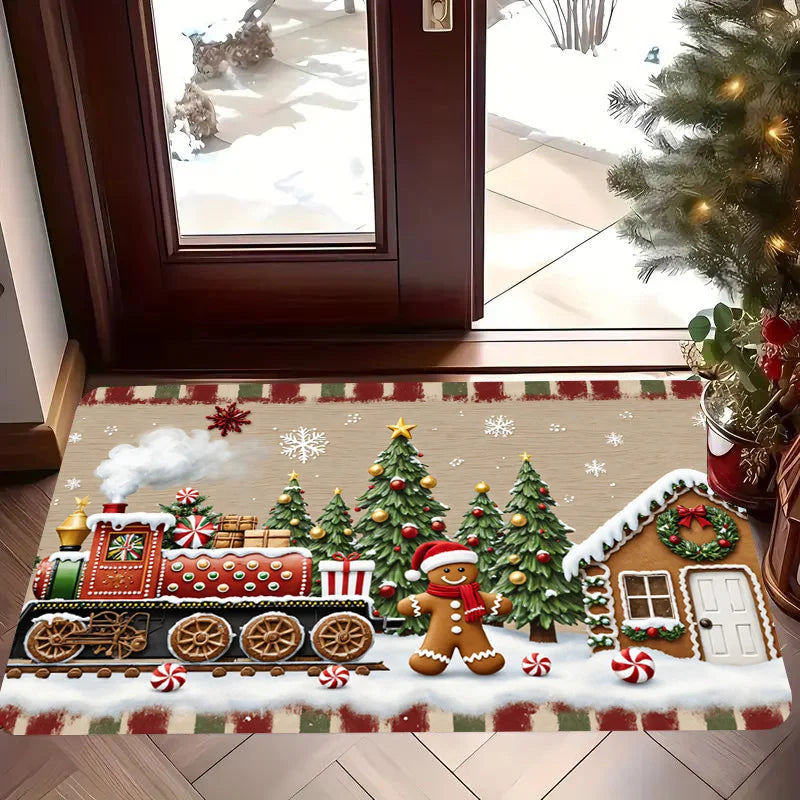 tapis sol extérieur noël train pain d'épices bonhommes neige soldats sapins sucreries polyester moderne