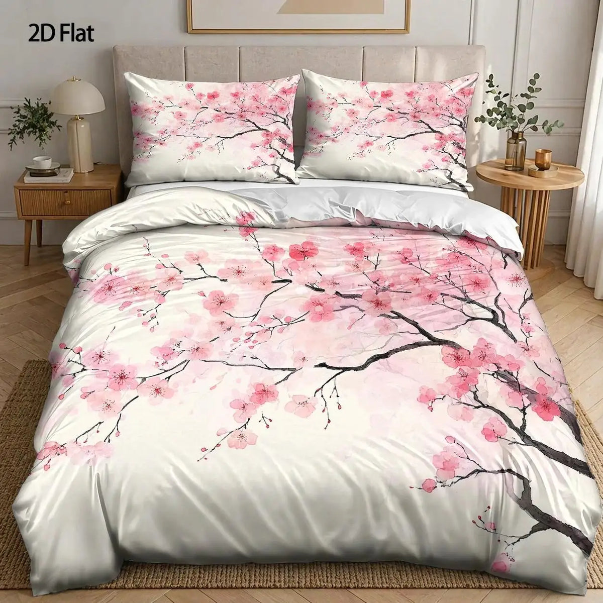 ensemble literie floral housse couette taies oreiller fleurs cerisier printemps moderne blanc rose noir