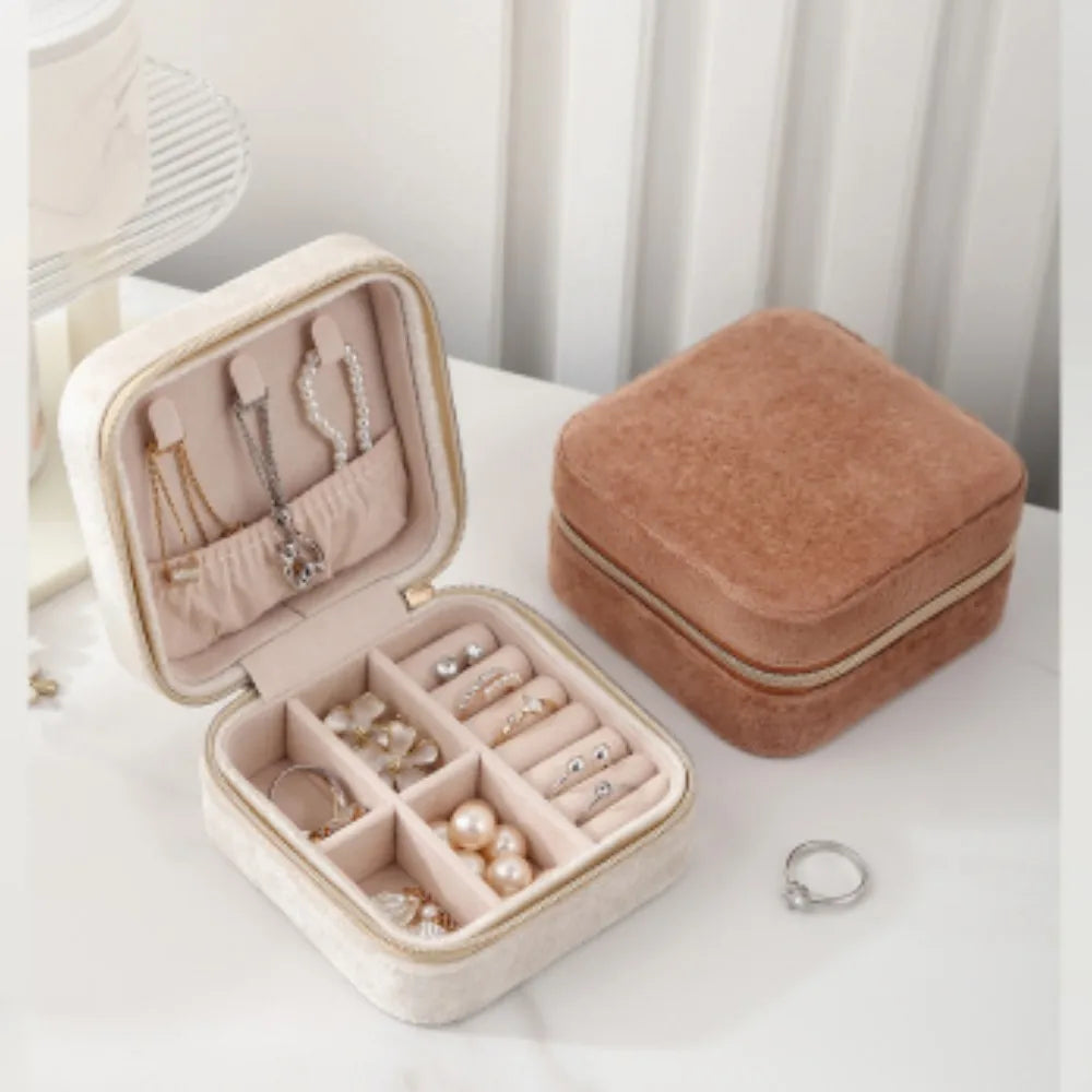 boîte bijoux velours fermeture éclair ranger colliers bagues boucles d'oreilles