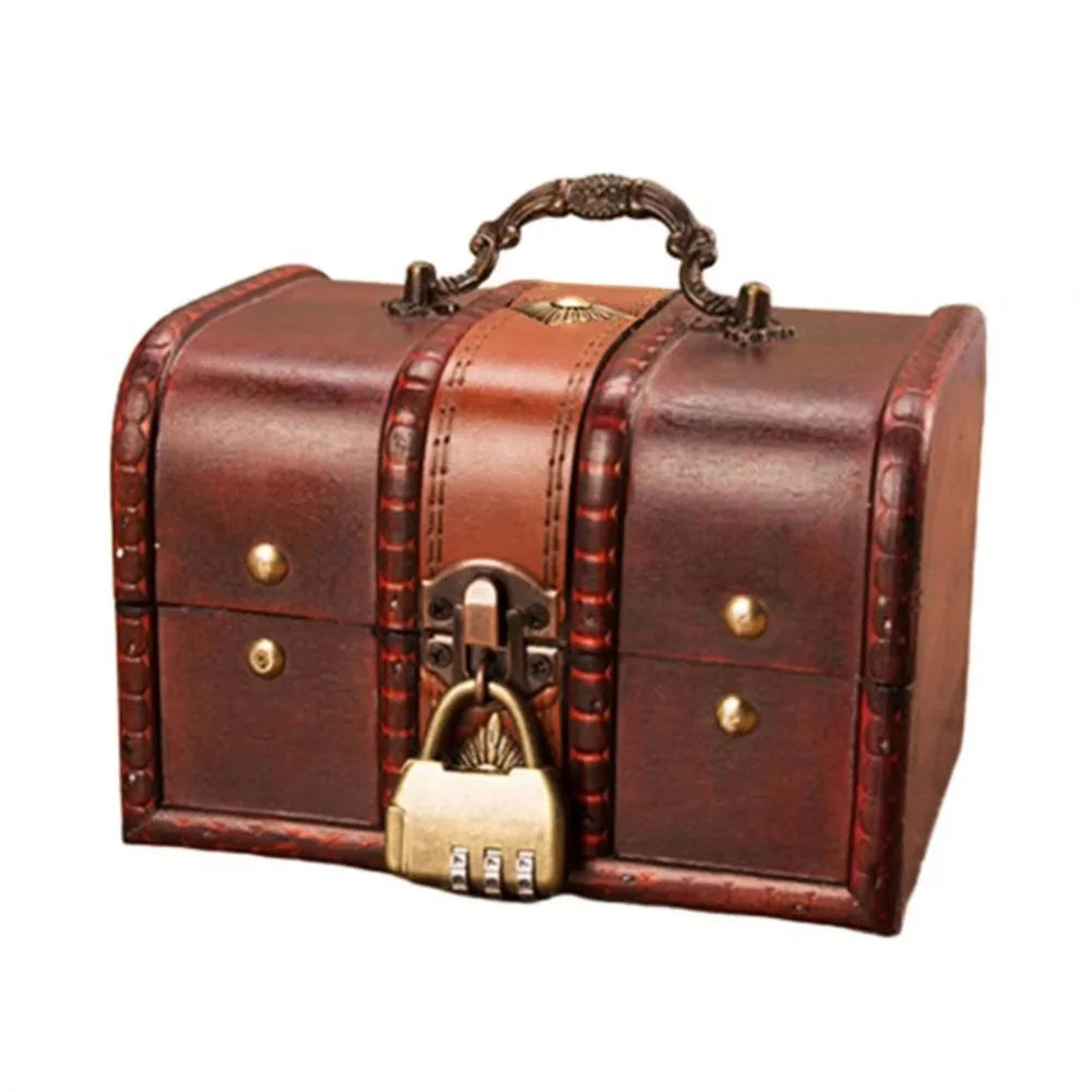 coffre bijoux vintage coffre bois rétro marron foncé ornements dorés serrure clé poignée