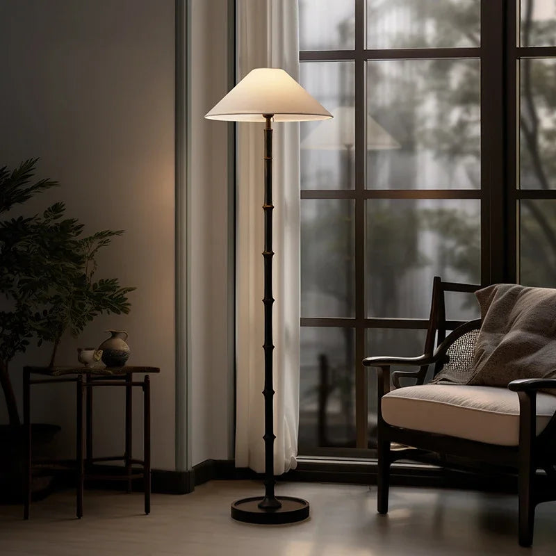 lampe sol moderne bambou noir rayures verticales abatjour tissu 11w led 90260v