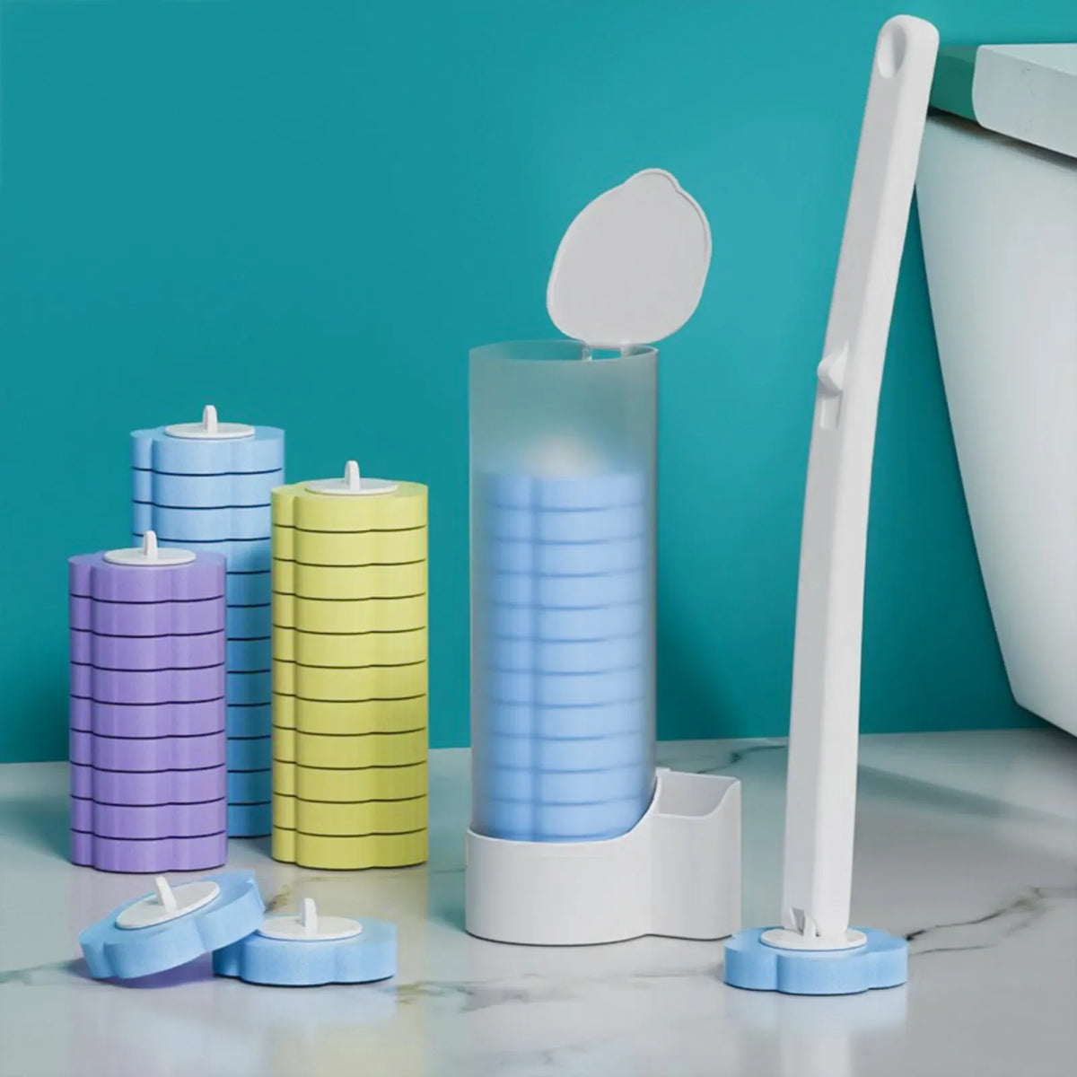 brosse wc jetable tête remplaçable kit outil nettoyage moderne pratique blanc bleu violet jaune