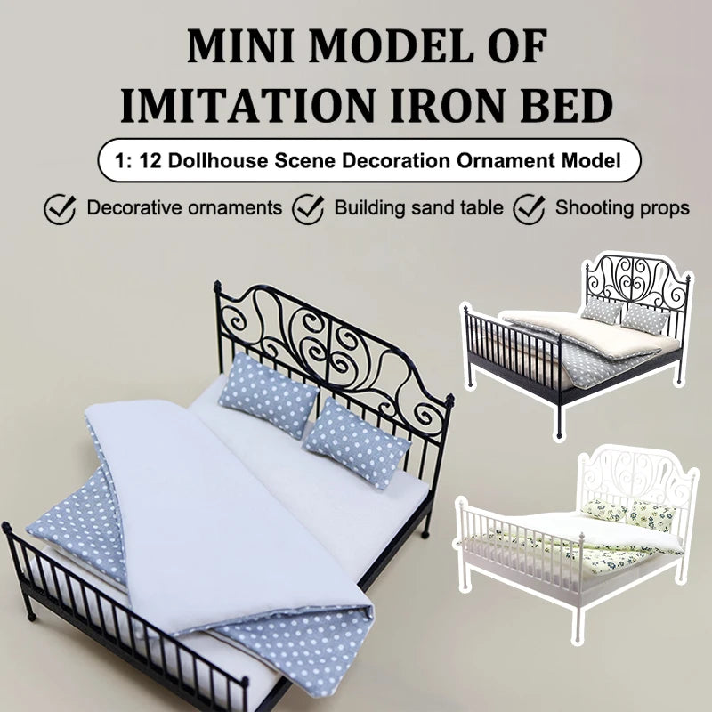 lit miniature maison poupée classique fer forgé matelas couette oreillers motifs pois noir blanc
