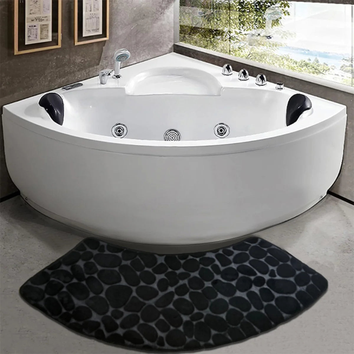 tapis bain moderne gris beige texture cailloux motifs floraux salle bain absorbant