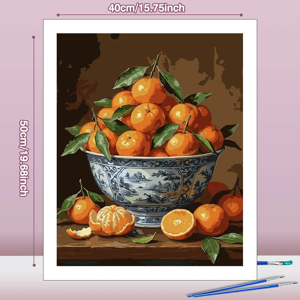 tableau peindre diy toile peinture huile oranges feuilles bol décoratif guide pinceaux nouveau peintre