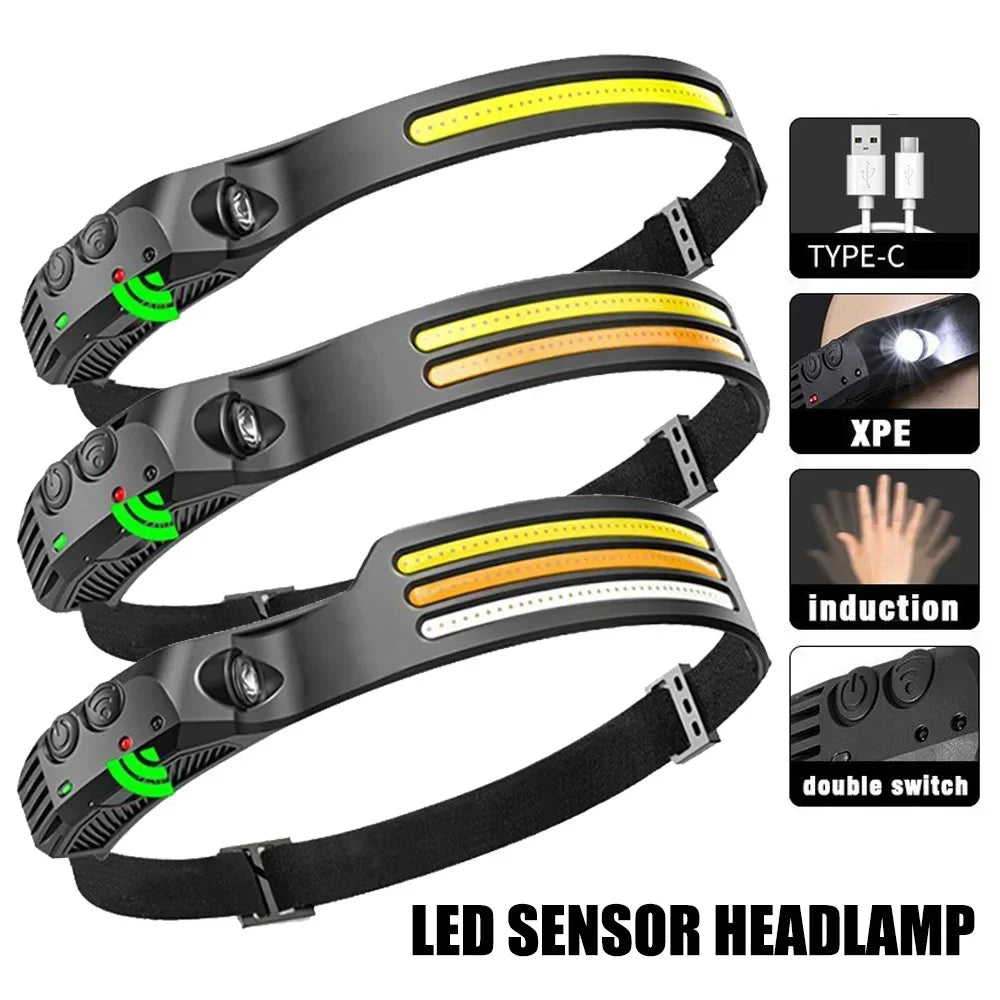 lampe frontale led capteur lumière noire jaune rouge élastique outdoor sport camping