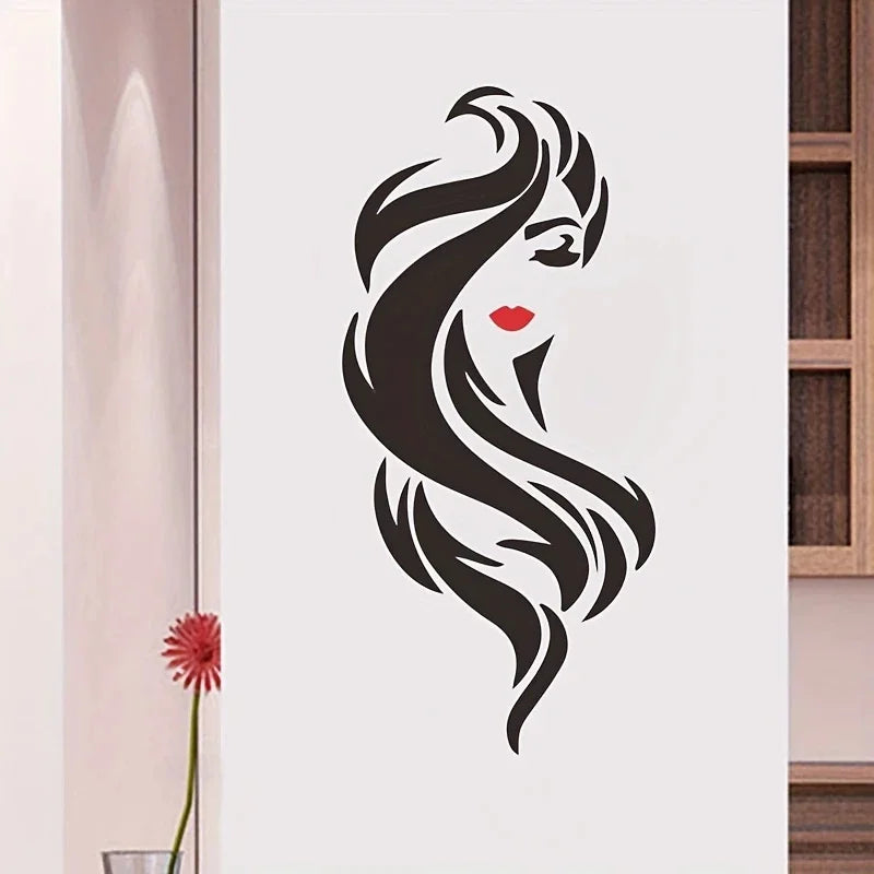 sticker mural art moderne silhouette femme cheveux stylisés noir rouge chambre salle bain pvc