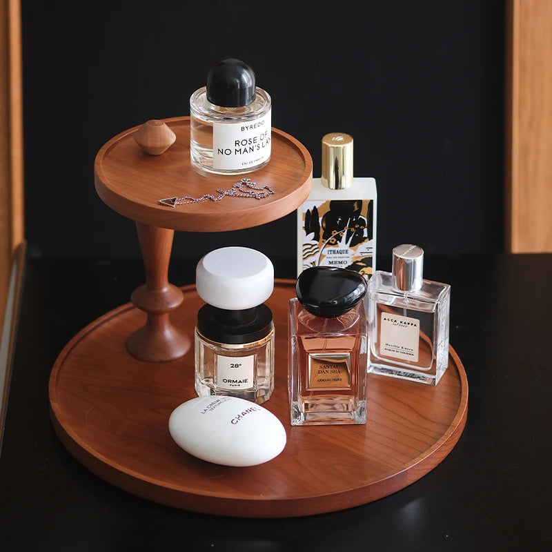 support deux niveaux bois marron clair lisse moderne rangement flacons parfum tasses bougies soucoupes