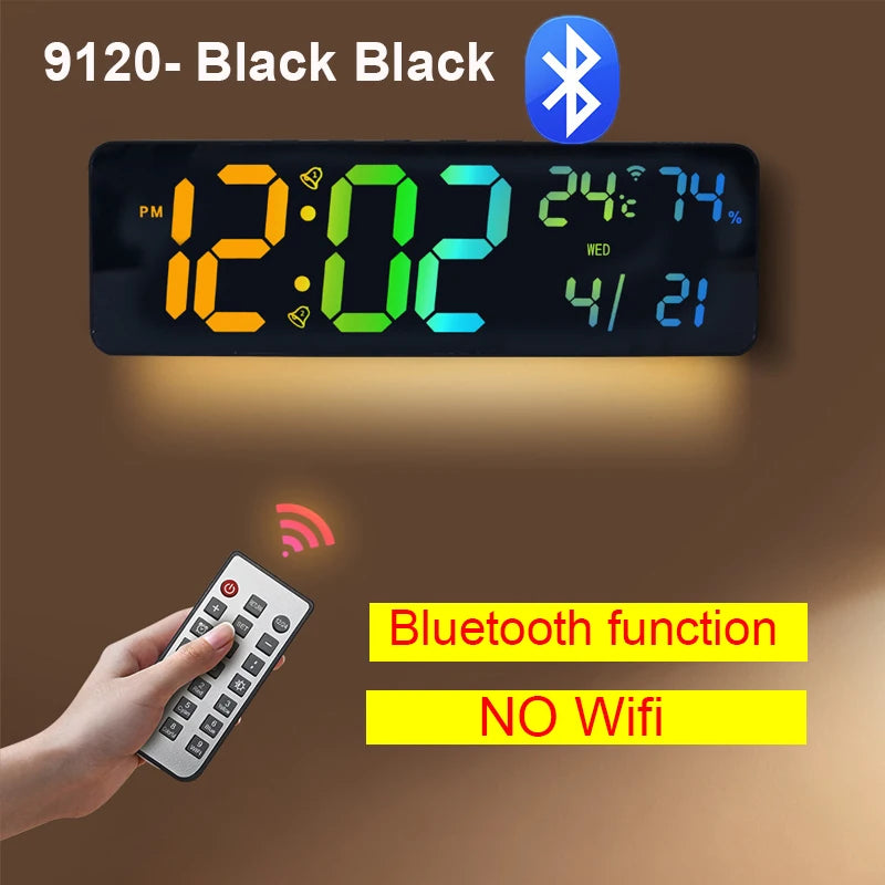horloge murale numérique moderne alarme calendrier snooze minuteur écran LED couleur batterie télécommande