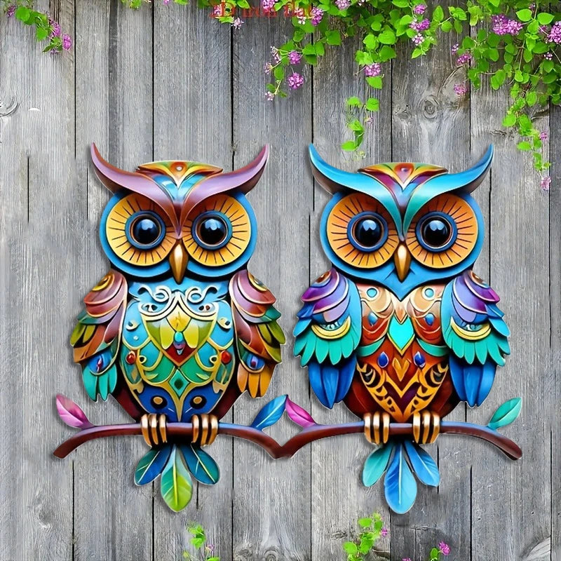décoration murale hibou multicolore géométrique stylisée extérieure intérieure festive jardin patio salon