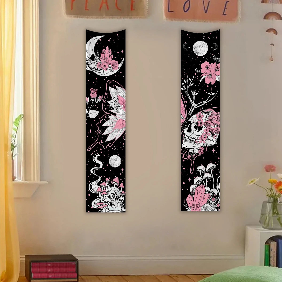 tapisserie moderne fantaisie crânes fleurs papillons oeil lune polyeste noir bleu rose