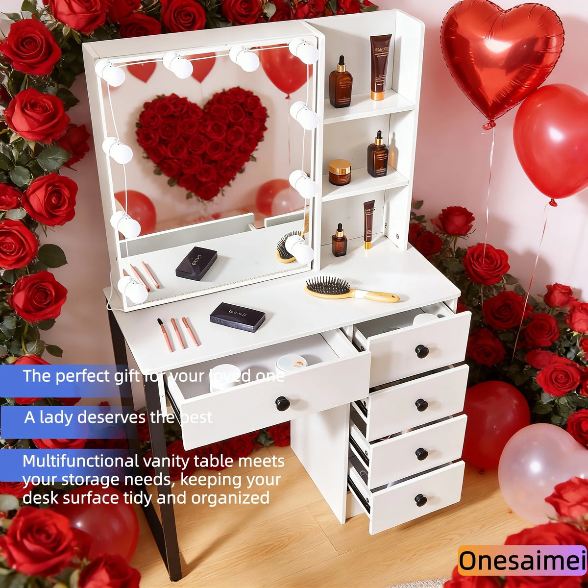 coiffeuse table maquillage miroir led éclairage étagères tiroirs fleurs décorations romantique moderne