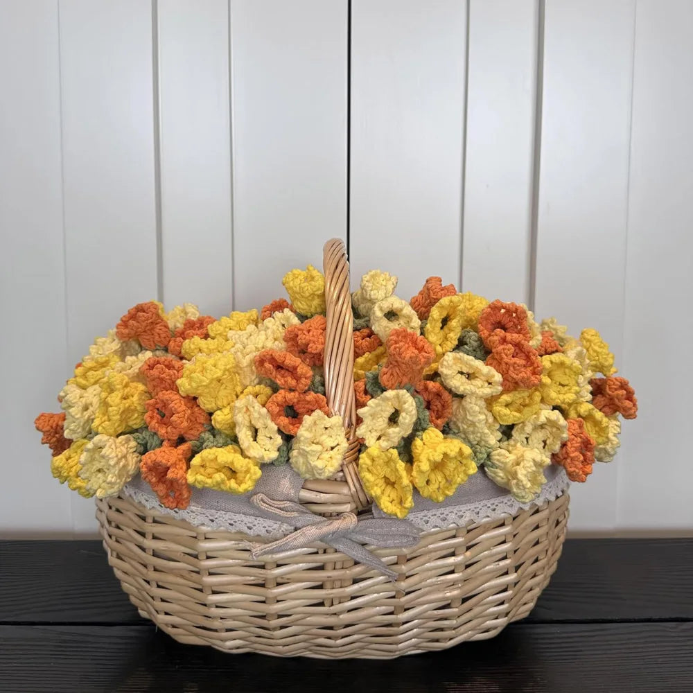 bouquet fleurs artificielles tricotées main orange blanc vert décoratif artisanal cadeau fête mères