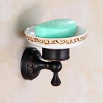 accessoires salle bain noir élégants motifs floraux classiques vintage fixations murales porte savon porte