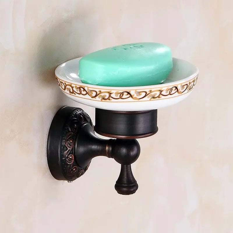 accessoires salle bain noir élégants motifs floraux classiques vintage fixations murales porte savon porte