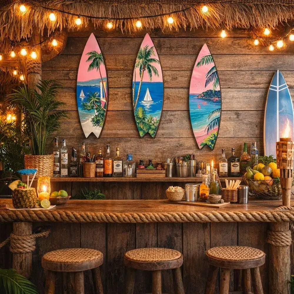 planches surf décoratives palmiers vagues géométriques été orange jaune bleu tropical