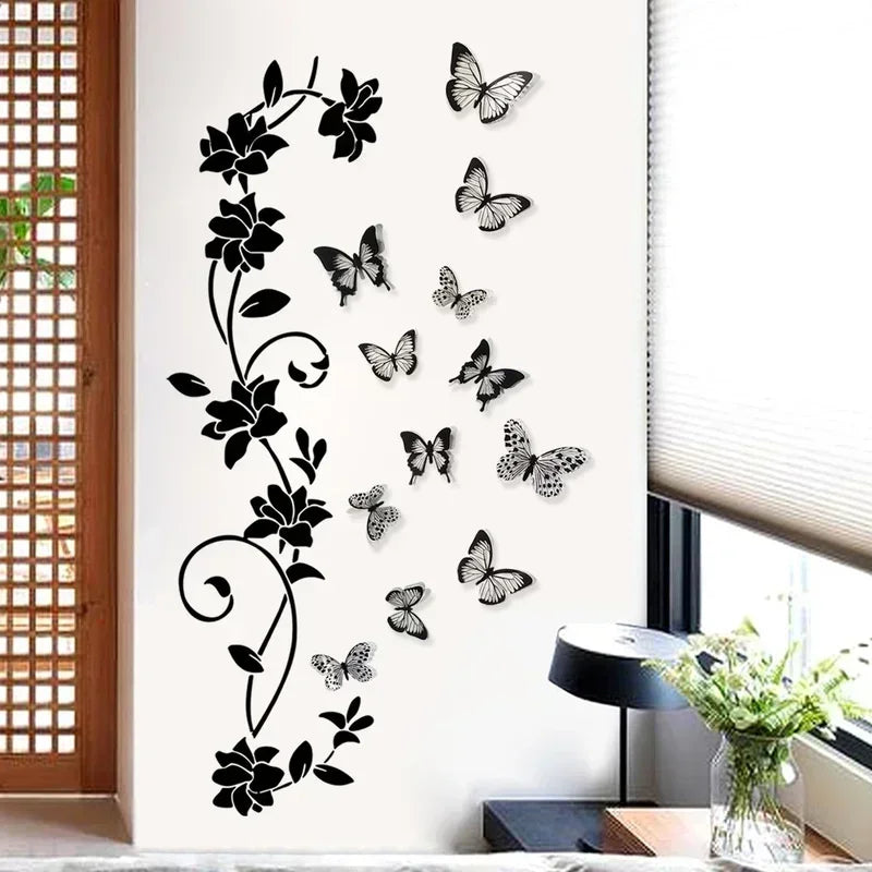 sticker mural 3d fleurs papillons noir moderne adhésif décoration intérieure