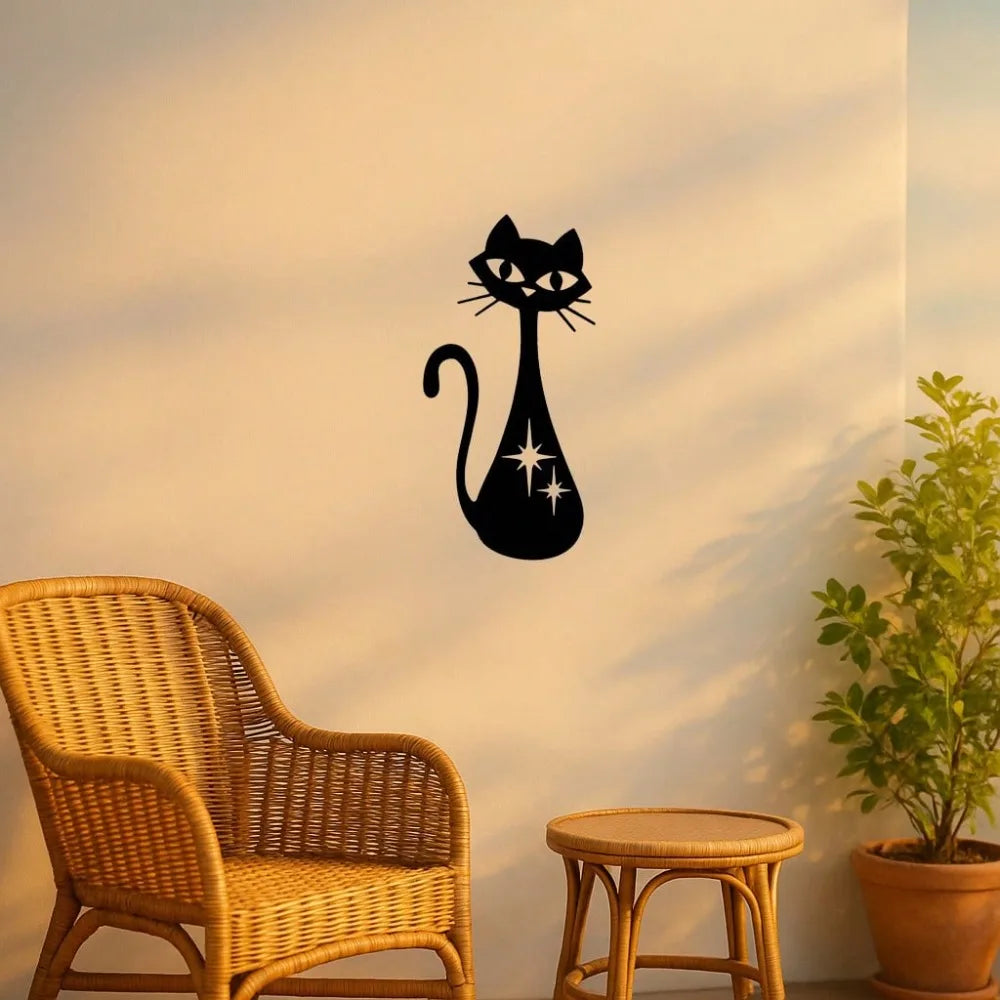 sticker mural moderne chat étoiles noir décoration intérieure unique fond opaque vintage