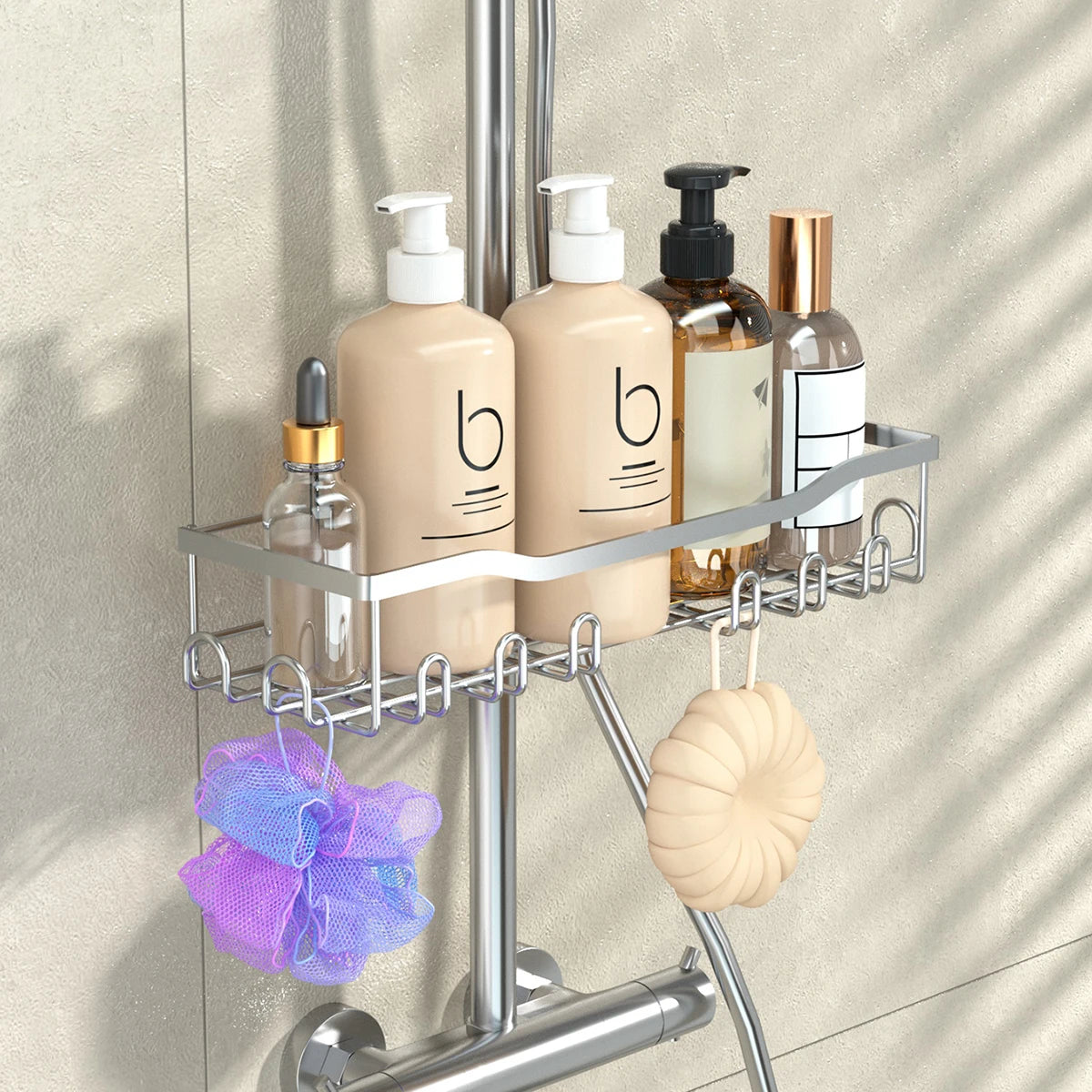 étagère douche argentée noire succion rangement moderne bouteilles cosmétiques flacon huile essentielle gant bain
