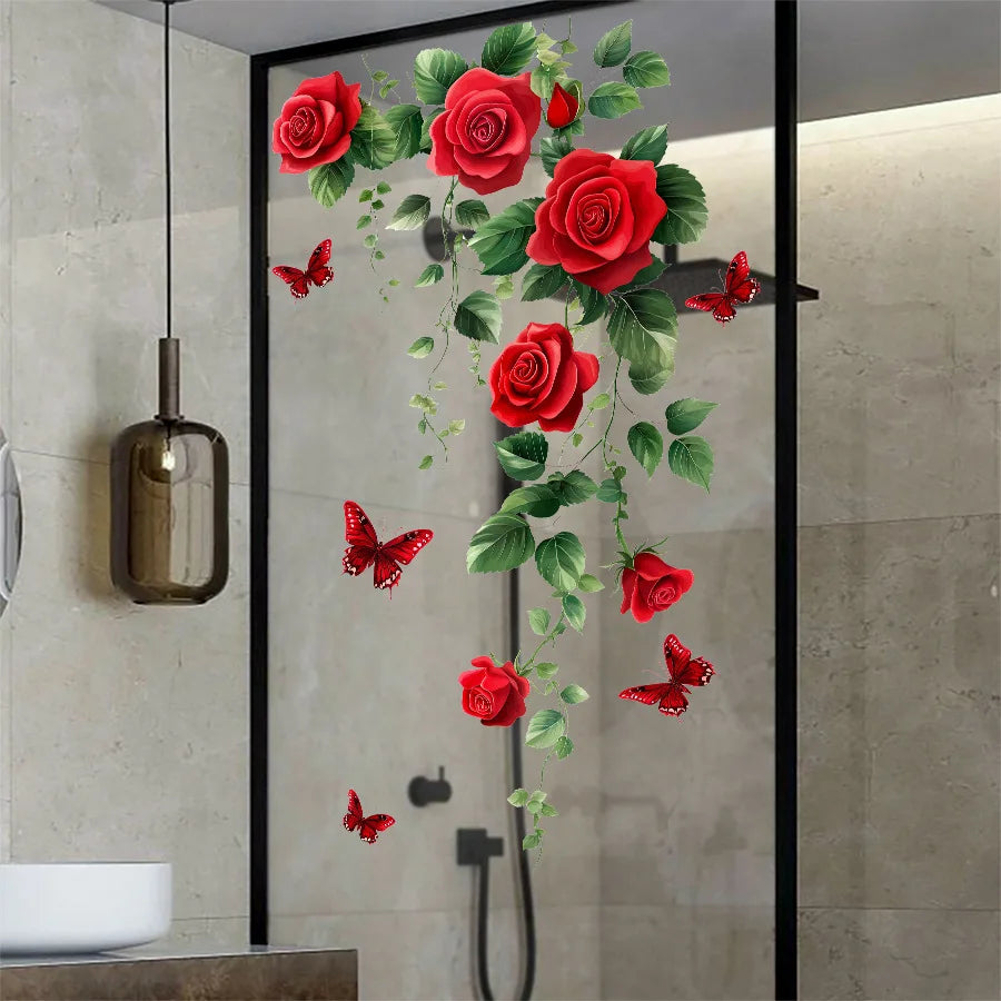 sticker mural floral roses feuilles papillons rouge vert blanc adhésif décoration intérieure chambre salon