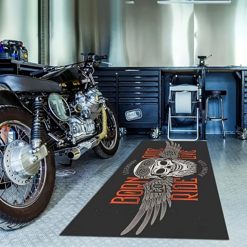 tapis crâne ailes born to ride graphique noir blanc orange imperméable antidérapant polyvinyle polyester