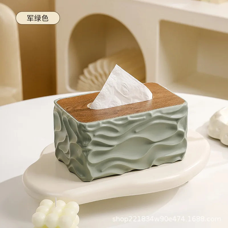 boîte mouchoirs moderne plastique blanc texture ondulée mouchoirs blancs bois foncé