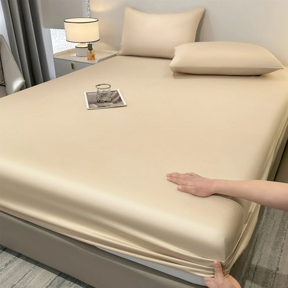 parure lit drap housse élastique soie glacée oreillers coton frais bleu clair uni