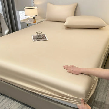 parure lit drap housse élastique soie glacée oreillers coton frais bleu clair uni