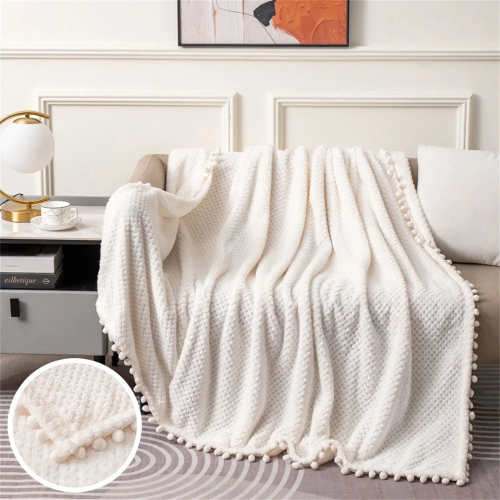 couverture tricotée polyester blanc motif pompons douce hiver décoration chambre coucher