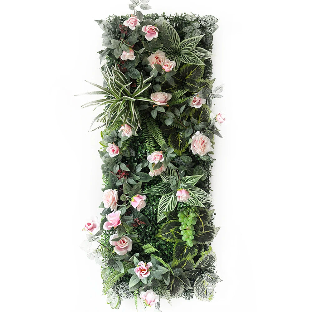 panneau végétal artificiel fleurs roses feuilles vertes décoration murale jardin mariage extérieur intérieur moderne