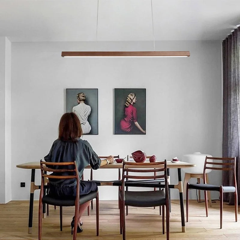lustre suspension bois moderne longue bande luminaire salon salle manger cuisine naturel