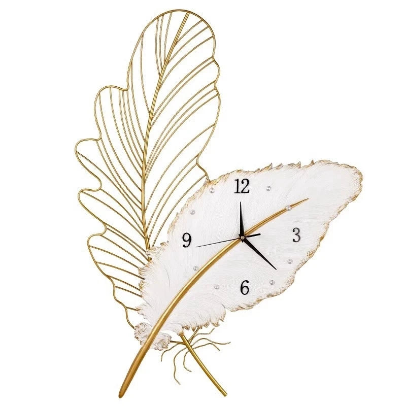 horloge murale moderne blanc doré plume stylisée sans LED fixation sans éléments visible