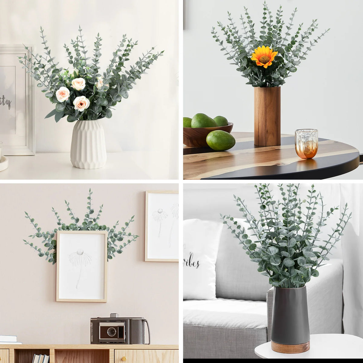branche artificielle eucalyptus feuilles rondes vertes dorées décoration mariage centre table intérieur extérieur