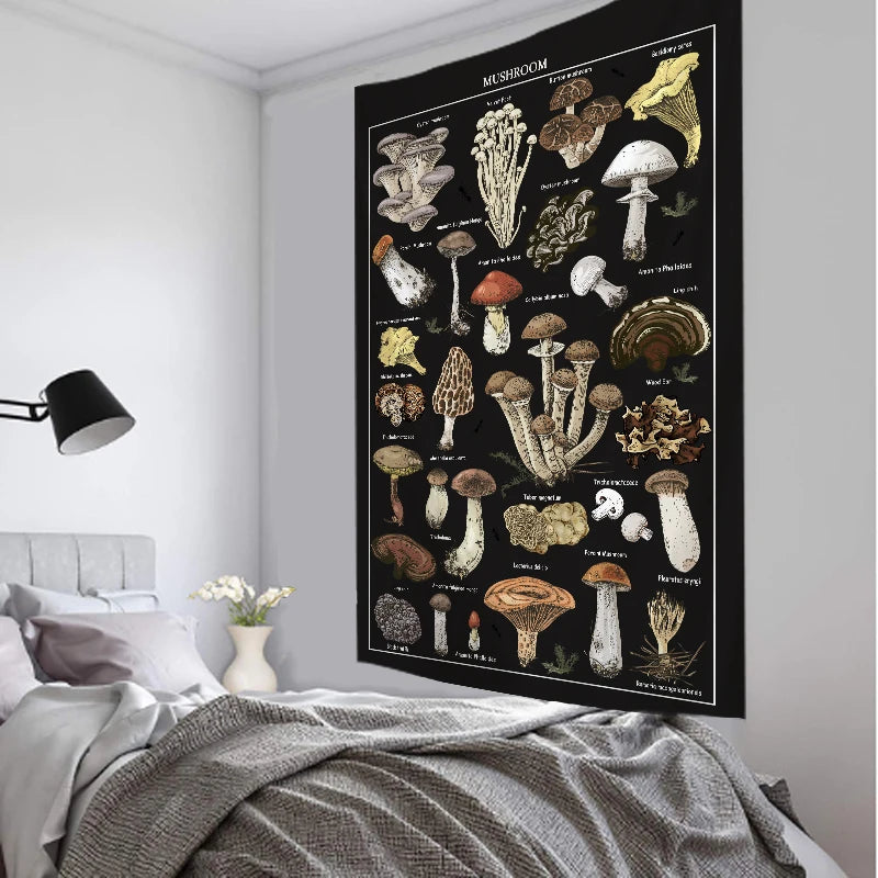 tapisserie murale tissée champignons noirs vintage décoration chambre sorcellerie bohème polyester rectangle