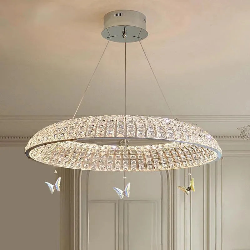 suspension lumineuse moderne cristal facettes papillons argentés interrupteur tactile 80cm diamètre
