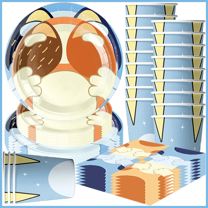 kit decoration anniversaire chien bleu assiettes gobelets serviettes guirlande support cupcake decor animaux
