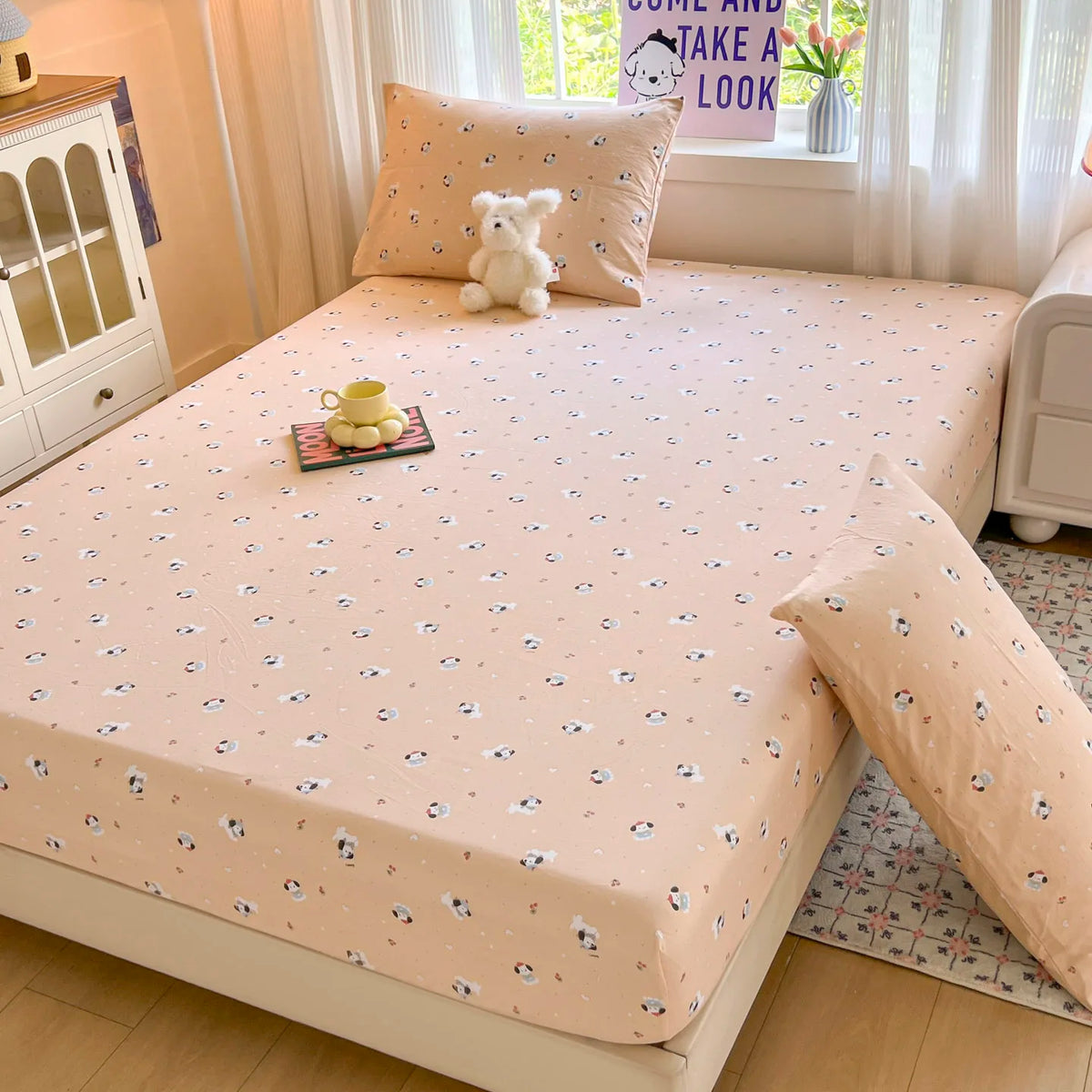 draps lit housse fleurs rubans beige moderne élastique coton polyester lit adulte double king