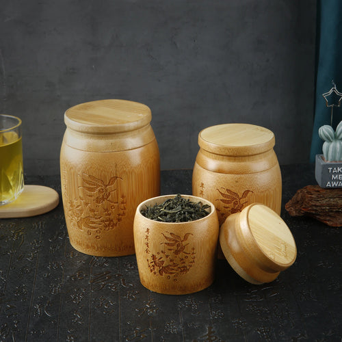 pot thé gravure oiseau fleurs bois naturel couvercle scellé rangement épices artisanal traditionnel