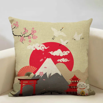 housse coussin carré motif japonais vague montagne cerisier oiseaux traditionnel décoratif lit chaise voiture