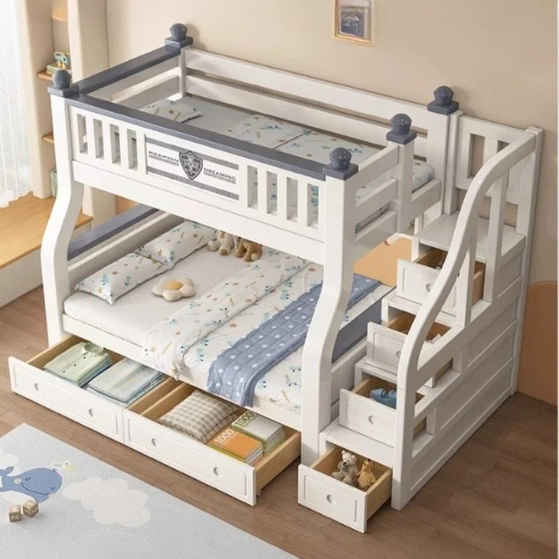 lit superposé enfant blanc gris tapis jouets draps rangement classique multifonction simple moderne chambre