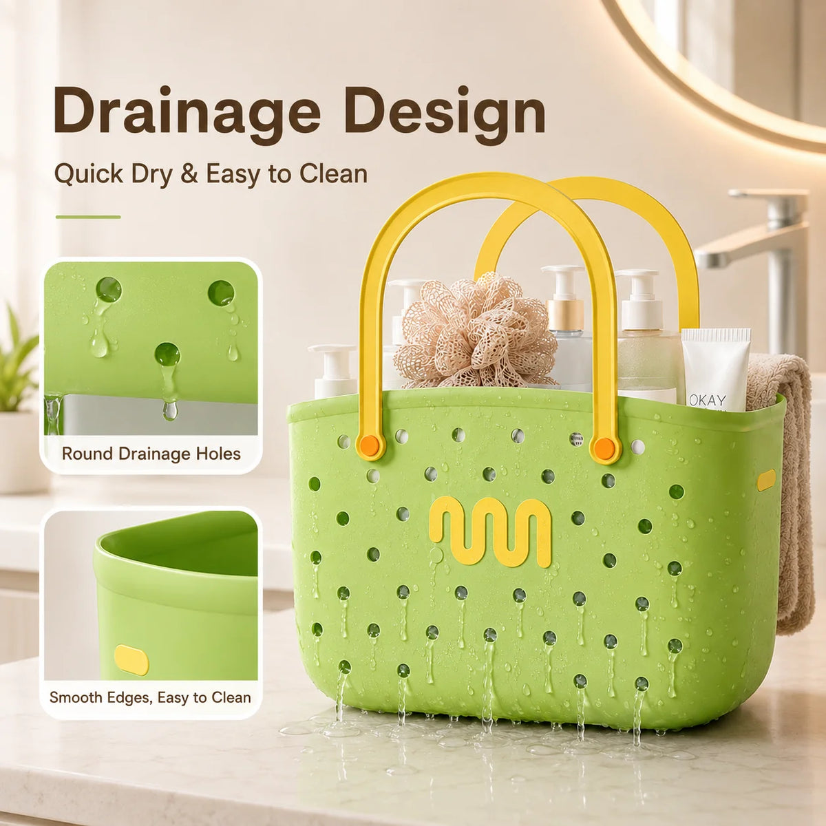 panier rangement douche bain organisation drain large capacité shampoing cosmétiques moderne vert jaune transparentTrou