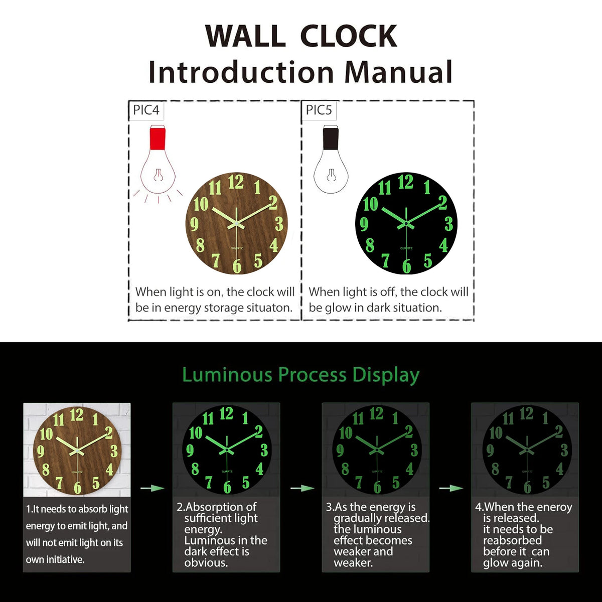 horloge murale bois lumineuse aiguille verte moderne 12 pouces minimaliste sans tic tac chambre