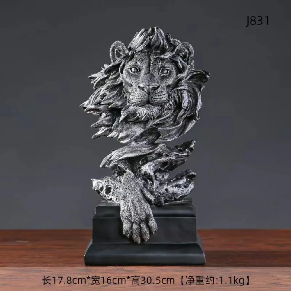statue lion décorative bois imitation détaillée moderne ornement entrée beige doré argenté