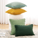 coussins décoratifs modernes rayés pompons housses velours côtelé polyester 45x45cm vert jaune beige opaques